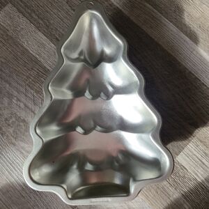 Silver Aluminum Christmas Tree Cake Pan Vintage Kitschy Holiday Mold